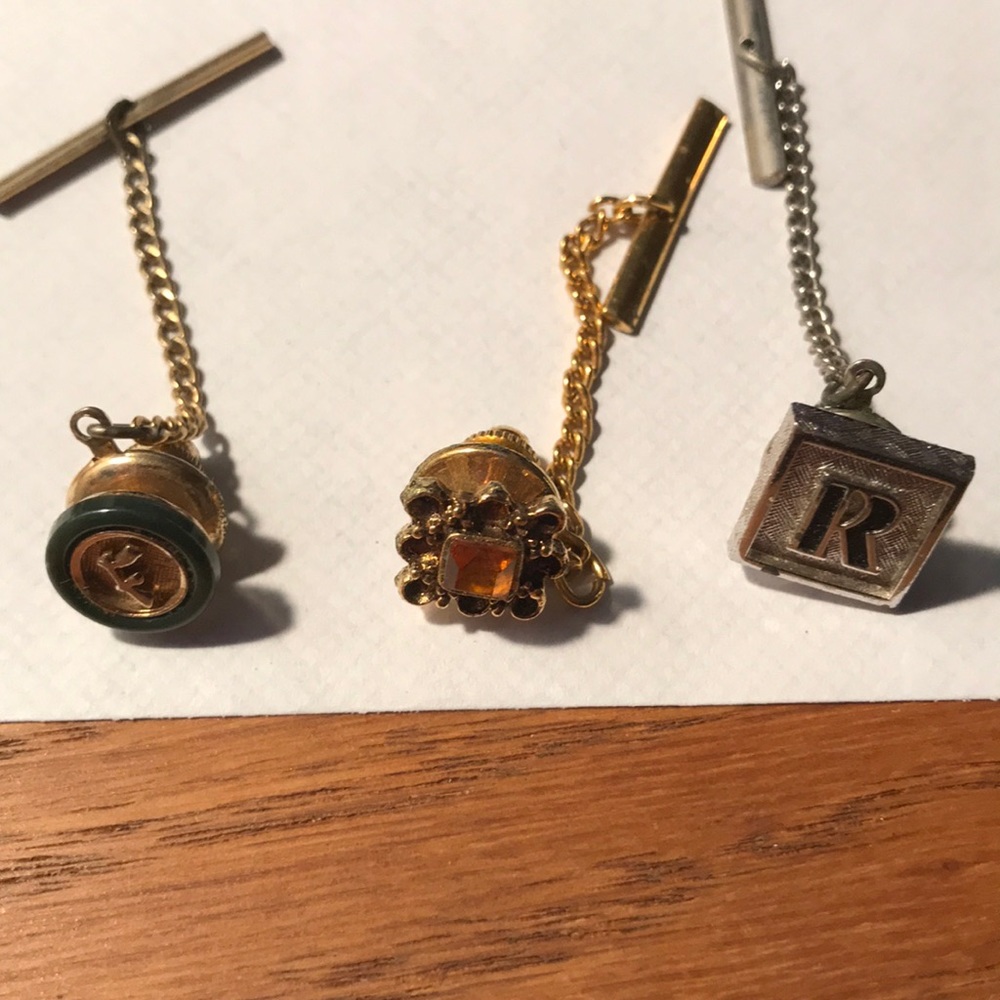 Vintage tie tacs set of three R, F, and topaz